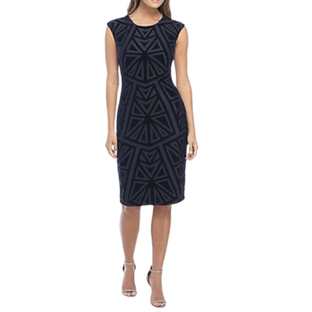 Vince Camuto Dress Cap Sleeve Velvet Burnout Bodycon Navy Blue Size 6 NWT